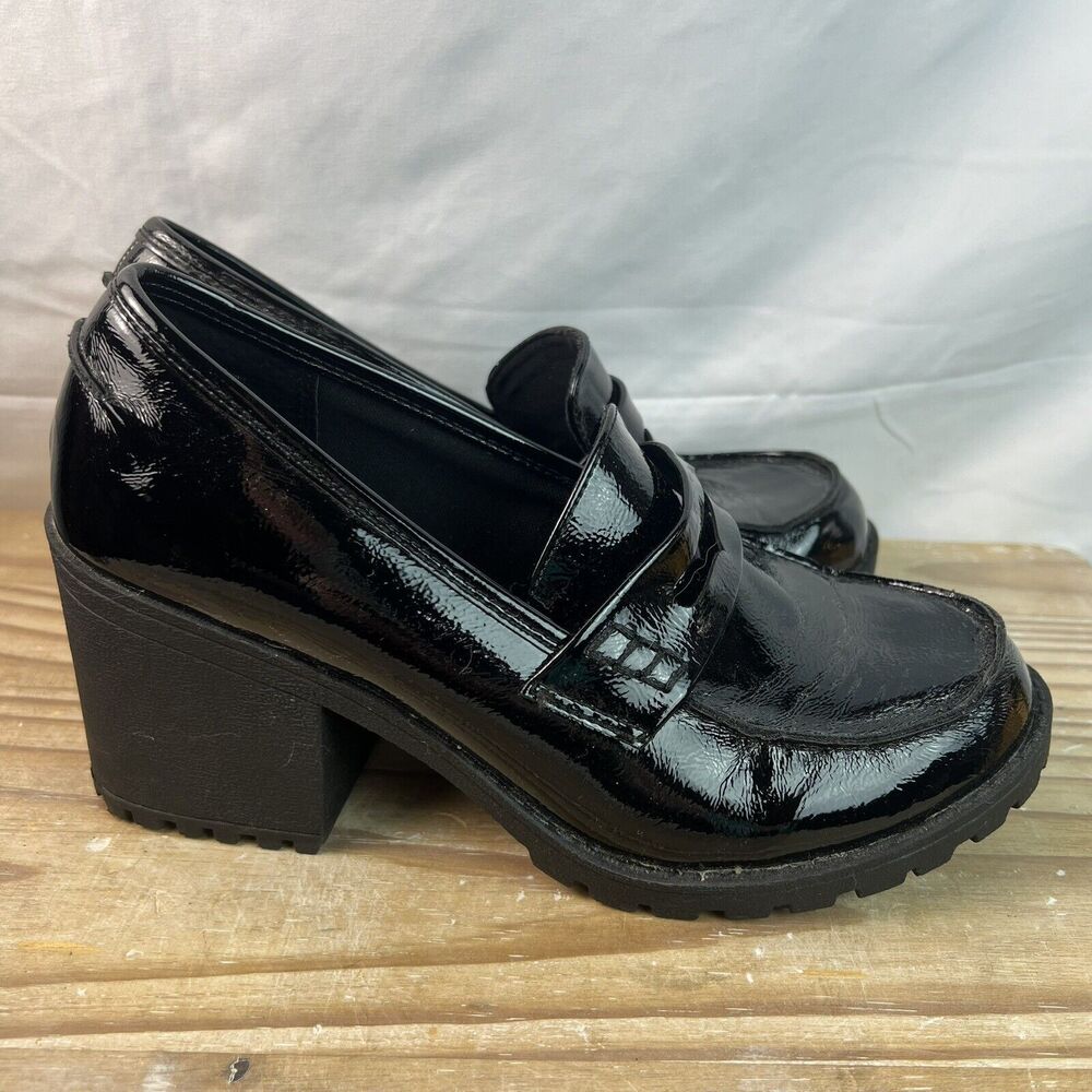 True Craft Y2K Style Chunky Heel Penny Loafers Black Patent Size 8.5 - Picture 4 of 9